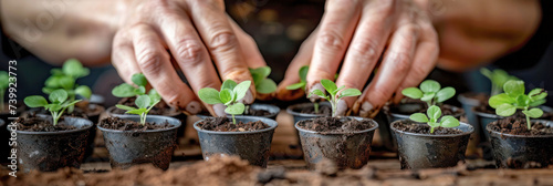 Close-up of a person planting a seedlings in a pots.