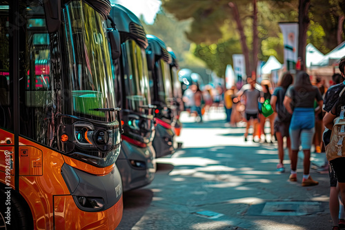 Imagen de un evento masivo con servicios de transporte sostenible, autobuses eléctricos, promoviendo prácticas responsables en eventos y festivales 