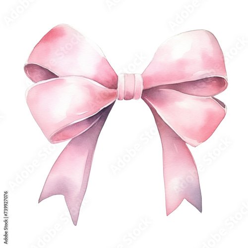 Pink bow ribbon, watercolor illustration, png isolated background.