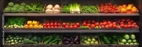 grocery store counter with vegetables and fruits 