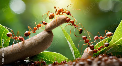 Teamwork, team of ants constructing bridge