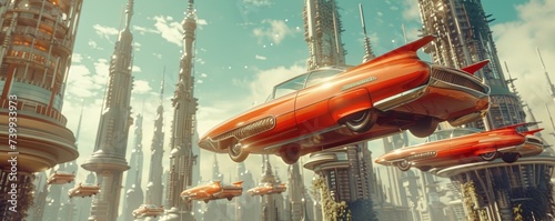 Retrofuturism realized 70s dream cars flying through the air cities with retro design towering high