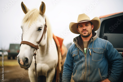 cowboy standing beside a pickup truck with horse trailer