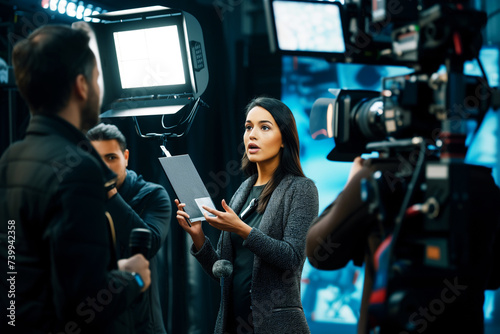 female reporter speaking on live tv with cameraman and teleprompter