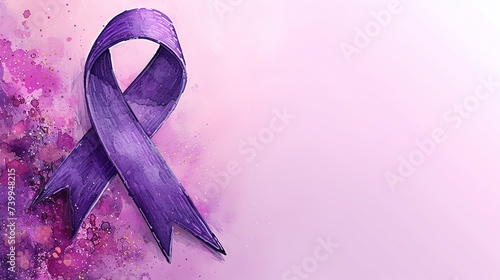 Purple ribbon on pink background, cancer awareness day. Ai generated image