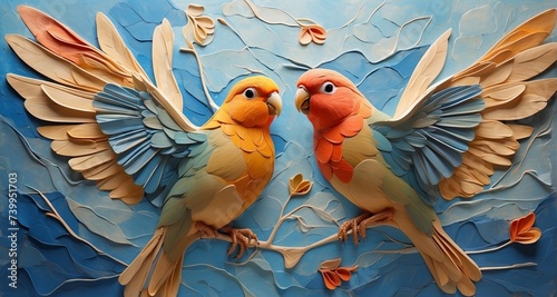 Create an image of love birds in mid-flight, capturing the dynamic movement and grace of their wings, while emphasizing the connection between the pair through subtle touches -Ai Generative