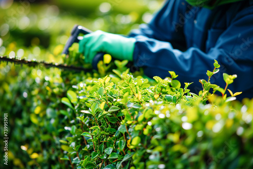 maintenance worker trimming hedges in a hospital garden