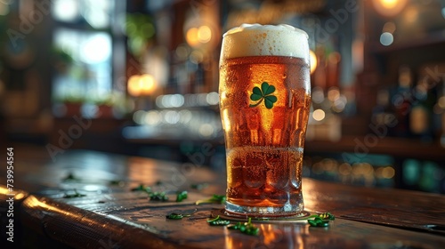 Modern and trendy Saint Patrick's Day featuring a stylized pint of foamy beer with a clover-shaped foam topper.