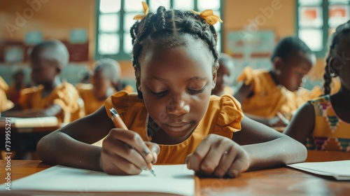 Cute pupil writing at desk in classroom at the elementary school. Student girl doing test in primary school. Children writing notes in classroom. African schoolgirl writing during the lesson.