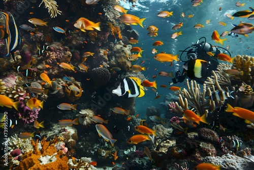 Scuba diver explores vibrant underwater world with colorful fish in coral reef. Concept Underwater Photography, Scuba Diving Adventure, Colorful Marine Life, Coral Reef Exploration