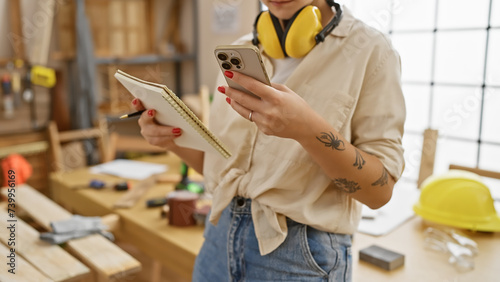 A young woman with tattoos checks her phone in a well-equipped carpentry studio, indicating professional woodworking.