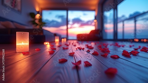 A bedroom with burning candles strewn with rose petals in anticipation of a romantic evening. Flames of passion illuminate the path to a night of love.