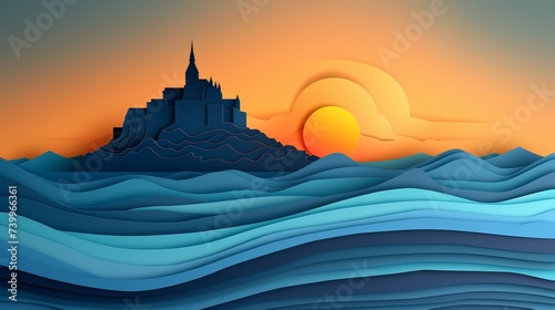 Mont Saint Michel captured in an elegant paper cut design highlighting its iconic silhouette against the French landscape