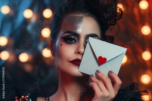 woman with glamorous makeup holding an envelope with a kiss mark