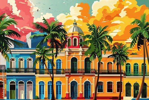 A vibrant flat digital illustration of Recife, Pernambuco, showcasing colorful colonial architecture, Afro-Brazilian heritage, and scenic beauty.