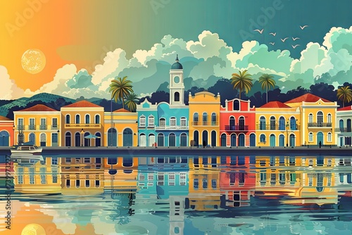 A vibrant flat digital illustration of Recife, Pernambuco, showcasing colorful colonial architecture, Afro-Brazilian heritage, and scenic beauty.