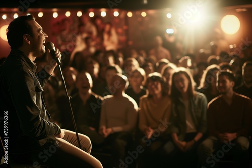 comedy show with comedian and laughing crowd