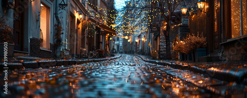 Atmospheric alleyway in a European city wet cobblestones and hanging lights