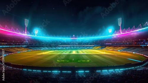 Cricket, Stadium of cricket night. colorful lights cricket world cup