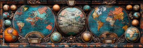 Detailed pattern of antique maps and globes, Background Image, Background For Banner
