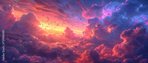 Digital birds flying through neon cloud formations sky art
