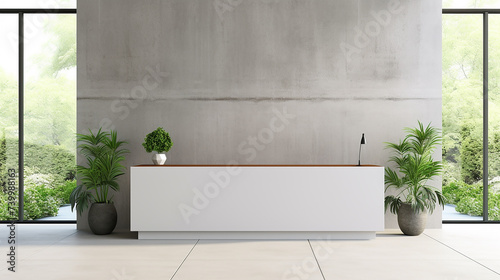 blank white reception desk in concrete office