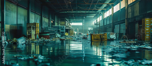 interior of warehouse damaged by a flood water full of good