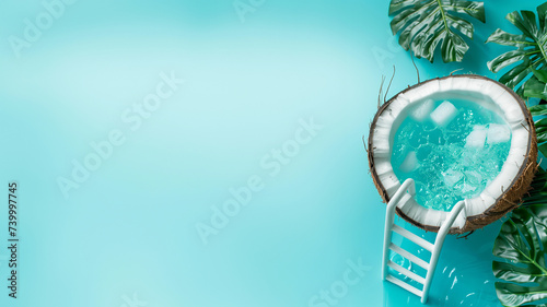  swimming pool with ladder inside half a coconut on a pastel blue background 