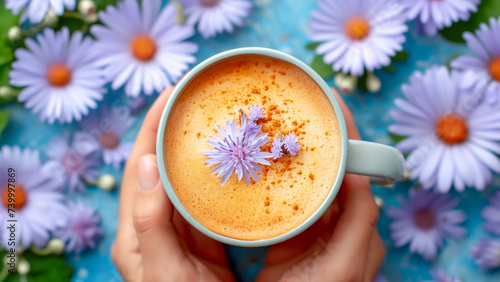 Female hands hold cup of chicory coffee alternative with blue flower, surrounded by floral accents, highlights healthy lifestyle choice, offering visually soothing and caffeine-free beverage option