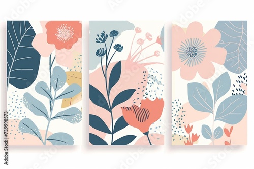 Abstract floral poster set. Floral wall art in danish pastel colors, modern naive groovy funky interior decorations. illustration.