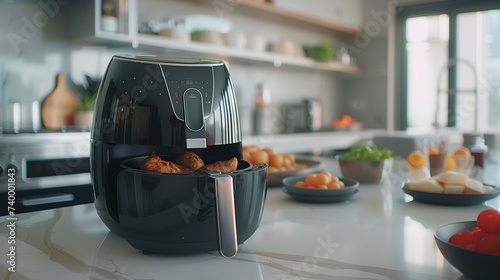 close up of a black air fryer on the kitchen island