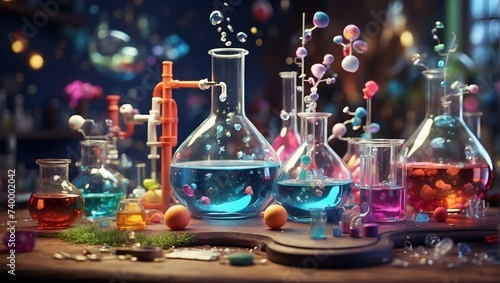 Interesting background illustration of a chemical bottle on lab with colorful liquids in it