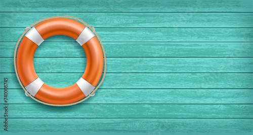Lifebuoy hanging on a wooden background. Stock vector illustration