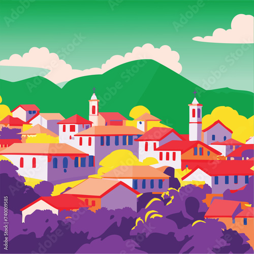 Cidade histórica entre as montanhas, Brasil. Estilo barroco. Sol lateral batendo nas casas e igrejas. Cores vivas, pop-art.