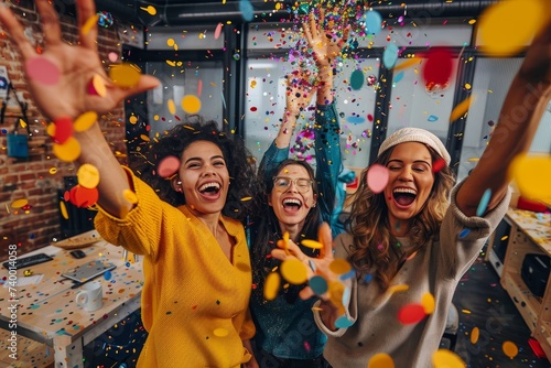 A joyful group of women with beaming smiles, adorned in colorful clothing and armed with balloons and party supplies, gleefully throw confetti at an indoor celebration