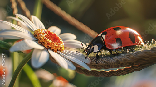 3d render of a ladybug taking a nap on a daisy petal hammock