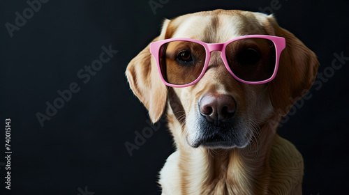 a dog looking at camera wearing pink sunglasses isolated on black background