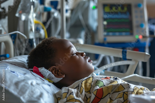 african boy 5 years lies in a hospital ward, connected to life support equipment, monitors
