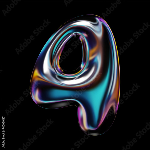 3D glossy holographic number 4 render, glass or liquid metal in neon rainbow colors. Four numeral sign in inflated balloon bubble shape with iridescent surface. Isolated Y2K retro futuristic vector 