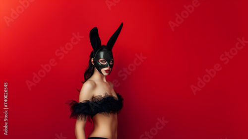 Woman banny mask with standing on red background
