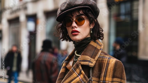 Trendy Woman in Checkered Coat and Newsboy Cap on City Street. Elegant young woman wearing a checkered coat and newsboy cap, complemented by round sunglasses, stands on a bustling city street.