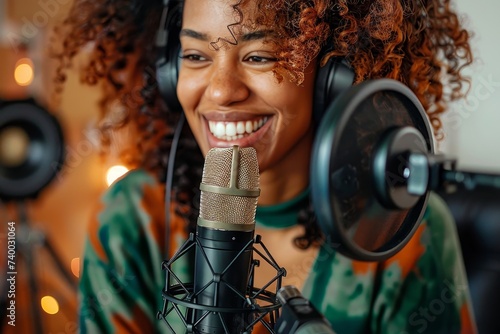 A woman's joy radiates as she sings into a microphone, her headphones providing the soundtrack to her vibrant indoor performance