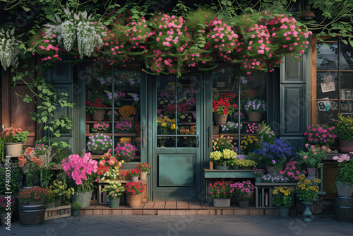 a store front view flower shop. street outdoor. beautiful flower shop front decoration