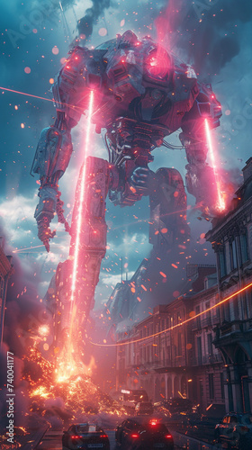 Robots clashing with beams of energy under the gaze of an imposing alien figure causing a spectacular building collapse