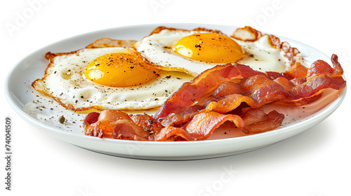 fried eggs with bacon on a white plate isolated on white background