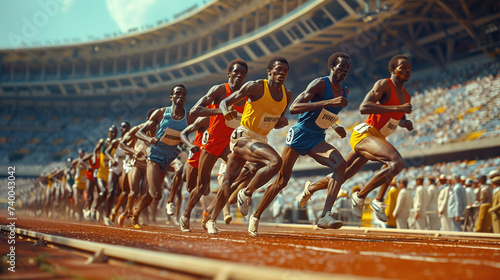 Track and field athletes run around the stadium at the Olympic competitions. Speed ​​competition - start-finish runners, lifestyle - sports. Sports lifestyle.