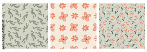 Set of seamless spring patterns. Flowers, plants, herbs. For packaging, wallpaper, clothing, bed linen, cover, background