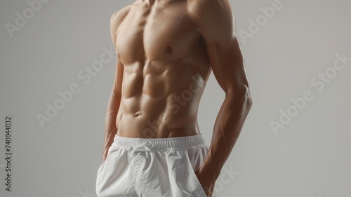 Slim muscular male model with six pack and white shorts on white background. Man with six pack abs. Slim body with cellulite or healthy, fit, muscular, underwear, guy, attractive. AI