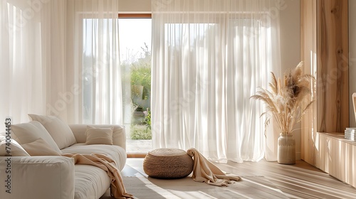 A living room with Scandinavian style sheer curtains for privacy without blocking natural light