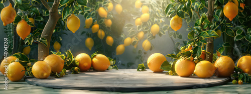 Round platform podium with lemons on it and lemons around. Background with lemon bushes and summer sunlight. Photorealistic 3d stylish template for product presentation